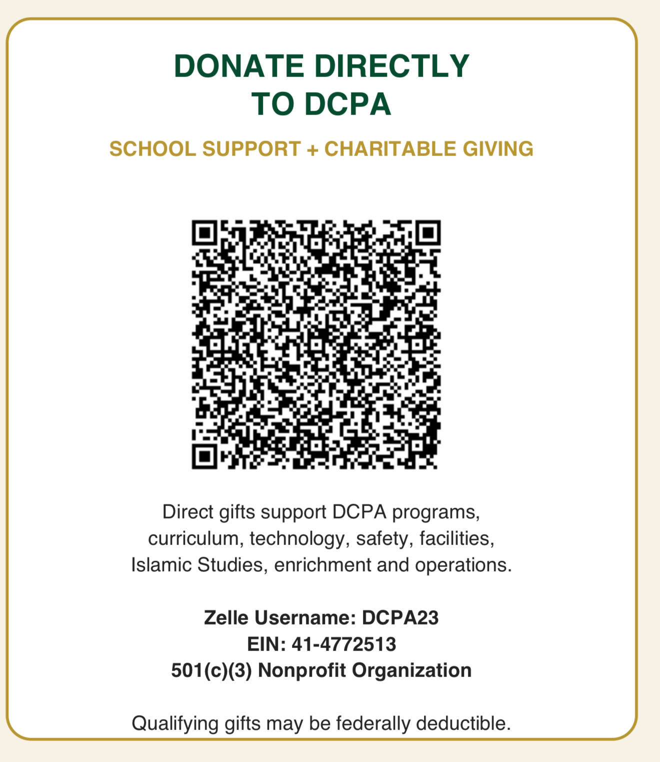 DCPA donation QR code and giving information